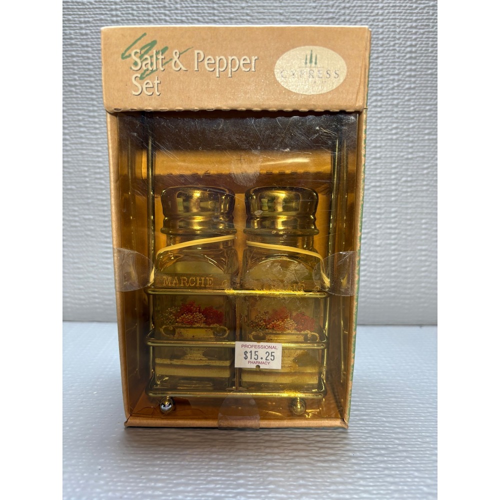 Vintage Cypress Home Fleurs de Paris Salt and Pepper Shaker Set w Caddy NOS 2003